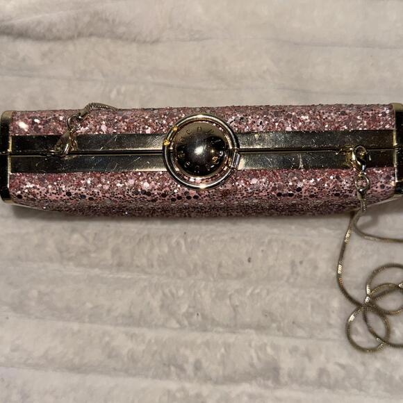 Henri Bendel Flip Lock Glitter Party Box Purse Pink Clutch Gold Shoulder Bag